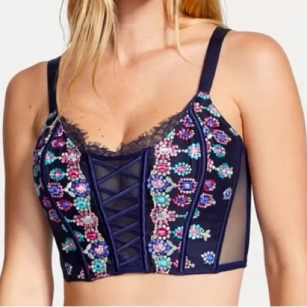 Victoria Secret‎ Top Unlined Corset Lace Bra Bejeweled Navy Embroidered